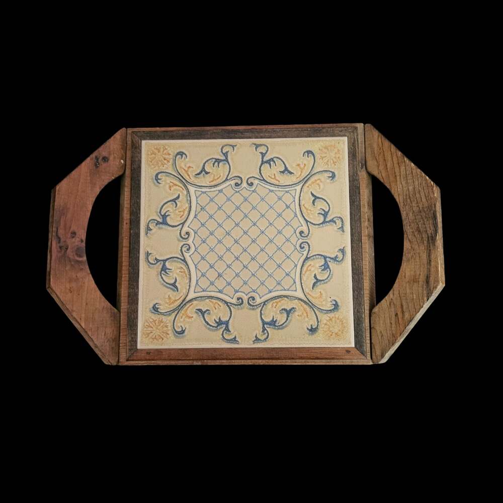 Vintage Style Wood Serving Tray Blue Cream Ceramic Tile Inset Rustic Handles
